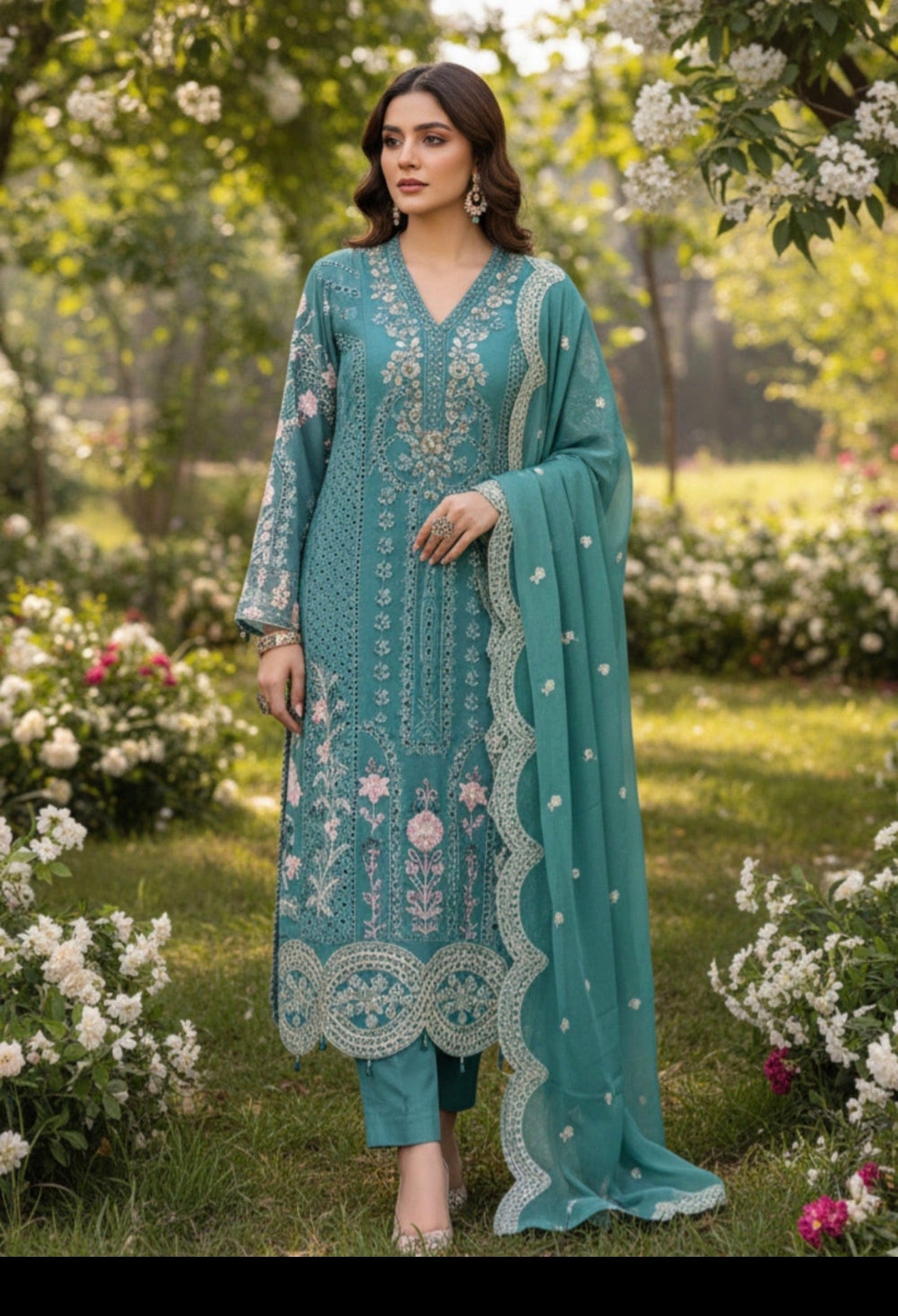 Elegant Teal Embroidered Kurta Set with Matching Dupatta for Women's Fashion