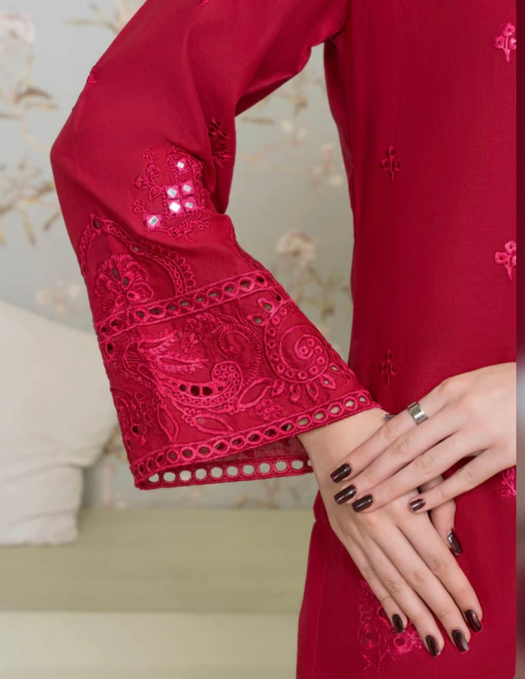 Graceful Red Embroidered chicken Kari Salwar Kamee