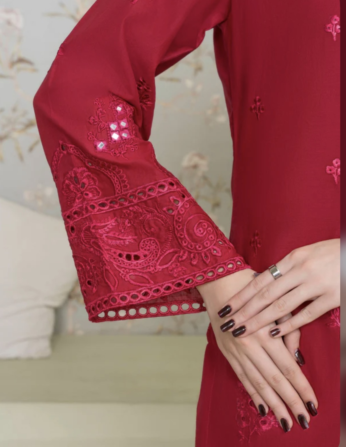 Graceful Red Embroidered chicken Kari Salwar Kamee