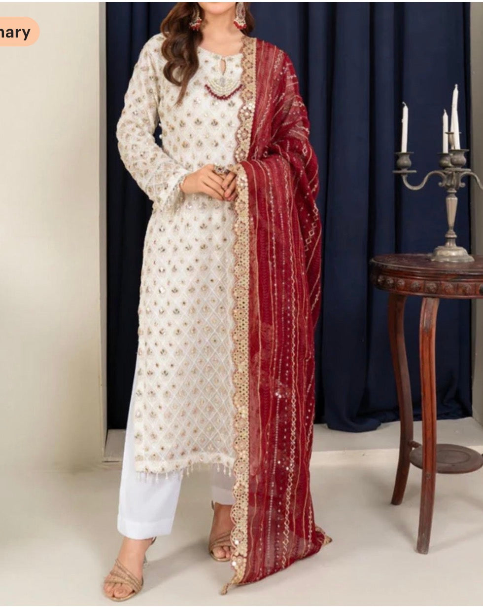 Elegant Ivory Embroidered Foil work Salwar Kameez Set