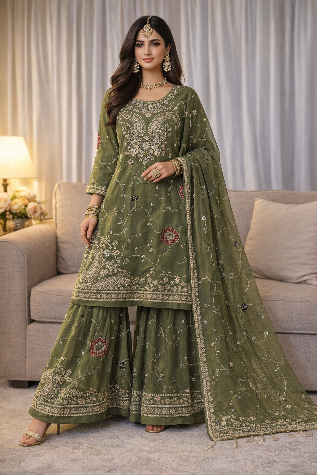 Olive Embroidered Three-Piece Set