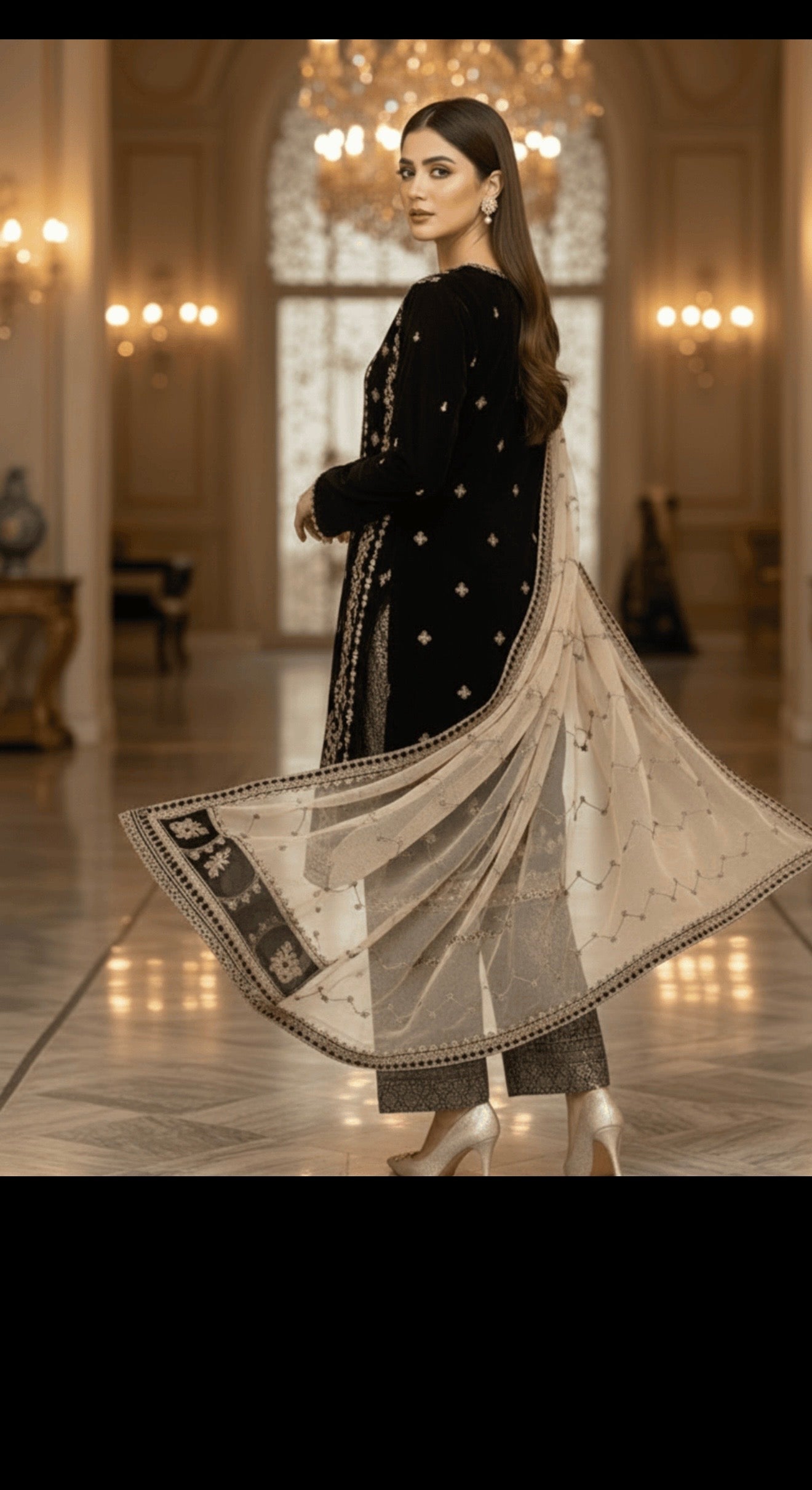 Elegant Black velvet Embroidered Salwar Kameez Set