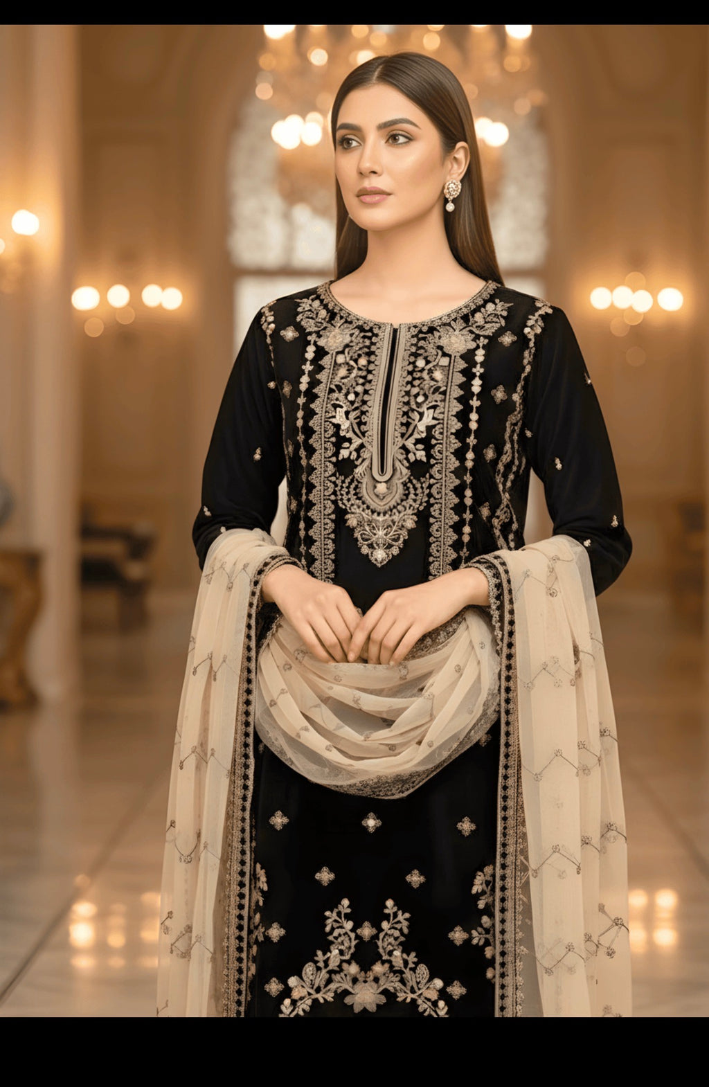Elegant Black velvet Embroidered Salwar Kameez Set