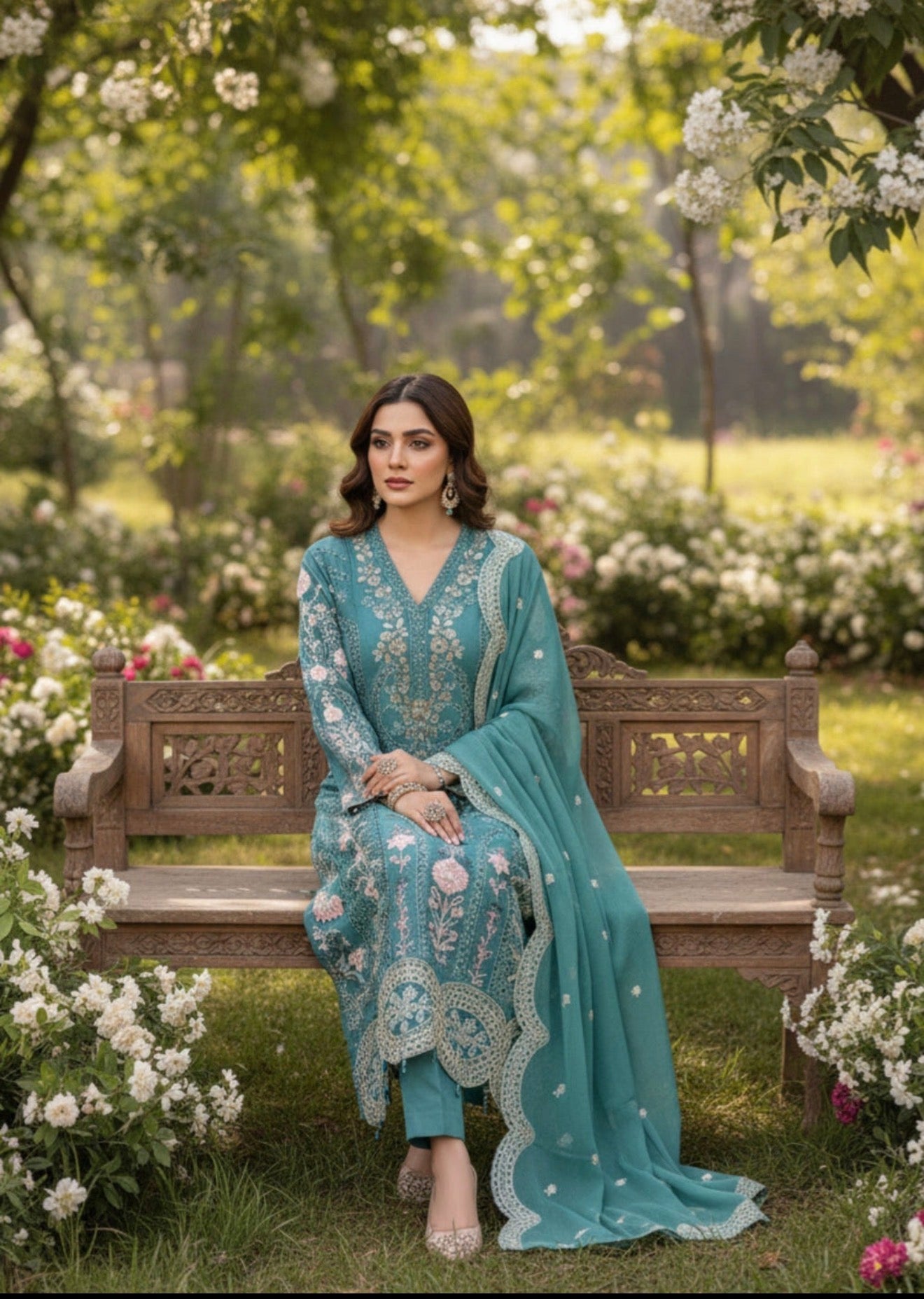 Elegant Teal Embroidered Kurta Set with Matching Dupatta for Women's Fashion