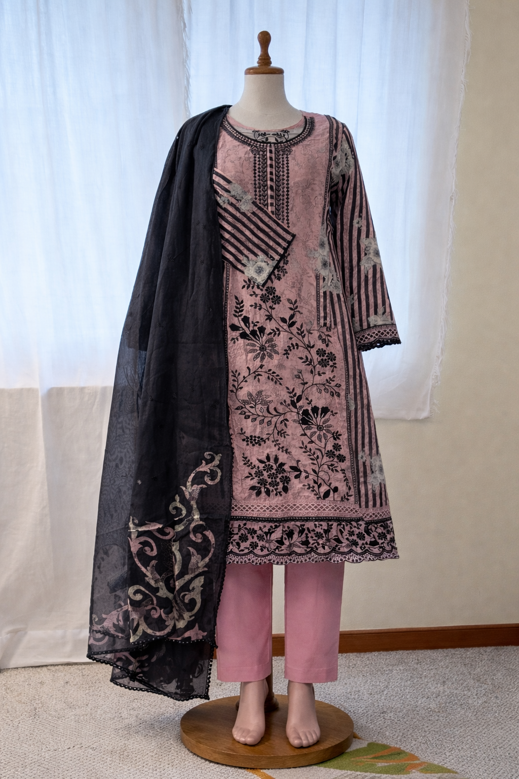 Elegant Pink & Black Embroidered 3-Piece Salwar Kameez Set
