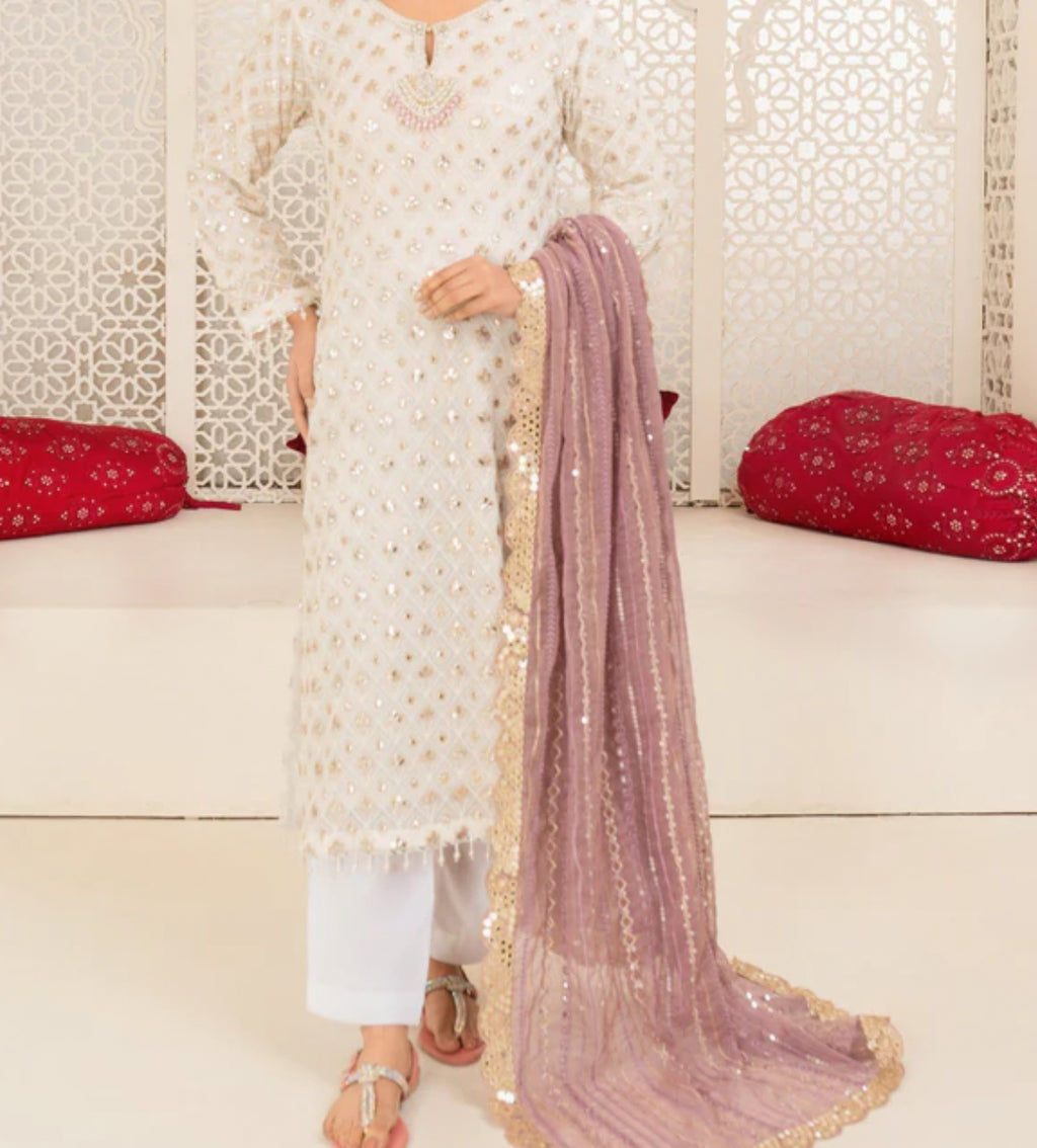 Elegant Ivory Embroidered Foil work Salwar Kameez Set