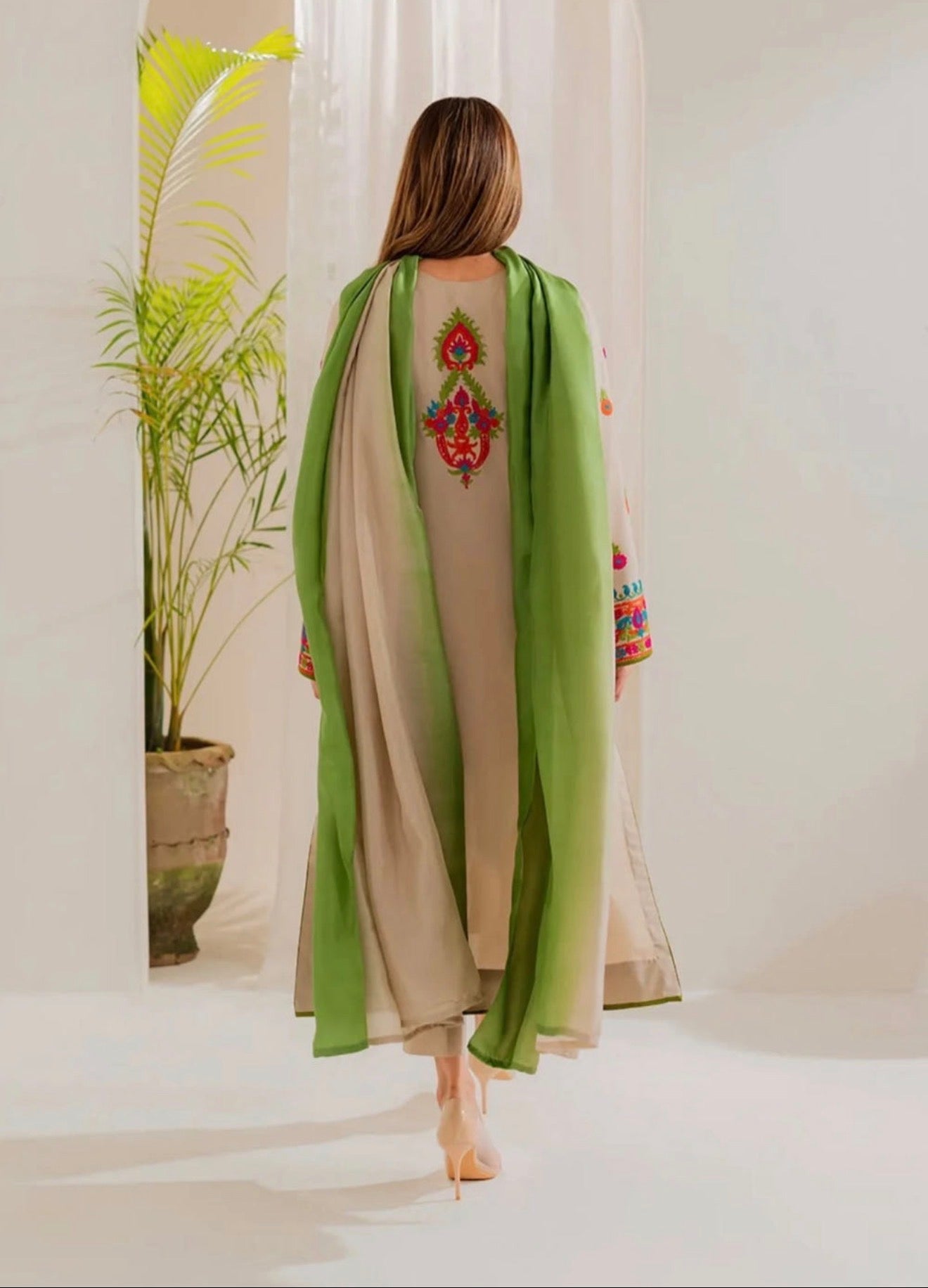 Elegant Beige Embroidered Salwar Kameez with Green Dupatta ✨