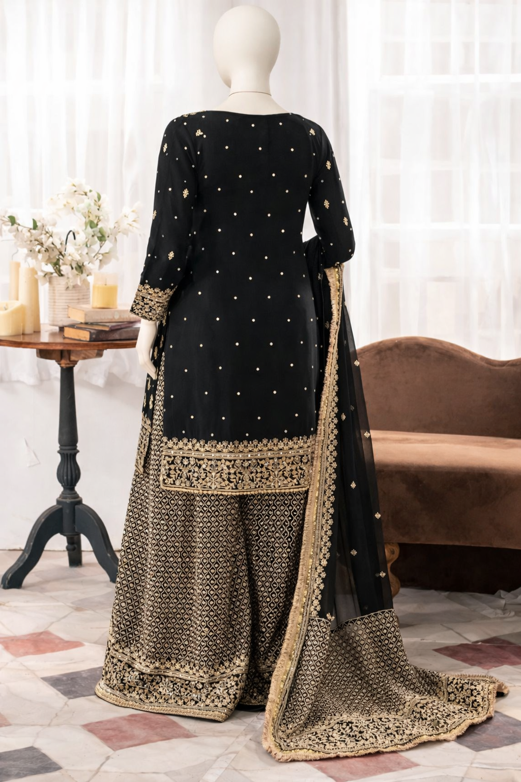 Elegant Black & Gold Embroidered Sharara Set