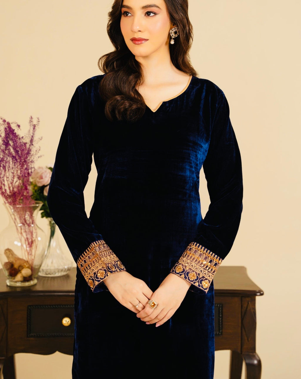 Navy Velvet 2-Piece Embroidered Set