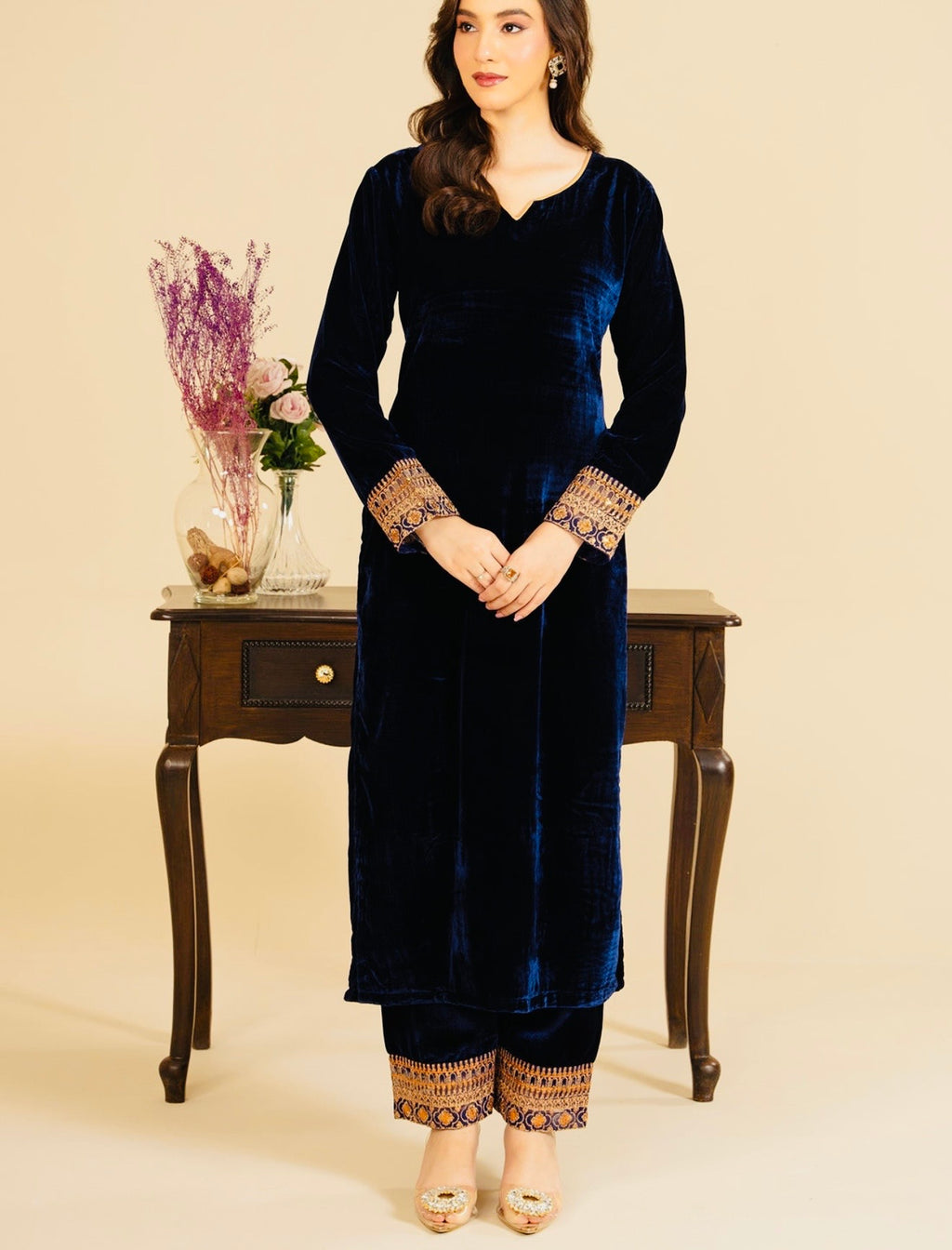 Navy Velvet 2-Piece Embroidered Set