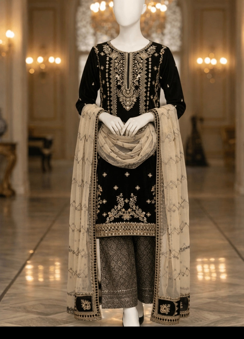 Elegant Black velvet Embroidered Salwar Kameez Set