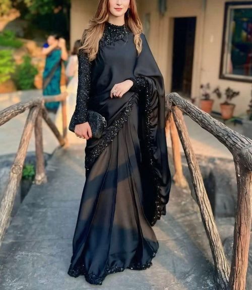 Elegant Black Embellished ready to wear Saree – Luxury Party wear