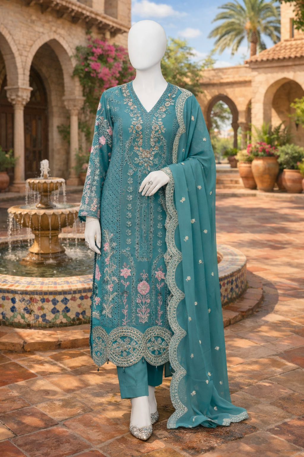 Elegant Teal Embroidered Kurta Set with Matching Dupatta for Women's Fashion