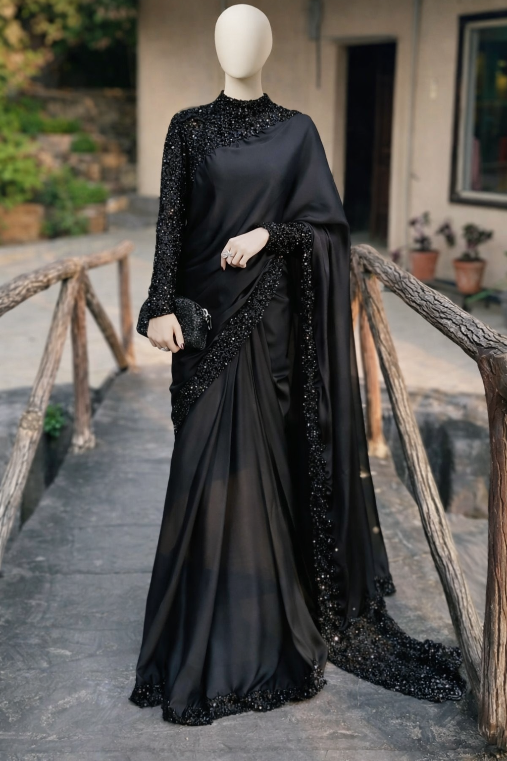 Elegant Black Embellished ready to wear Saree – Luxury Party wear