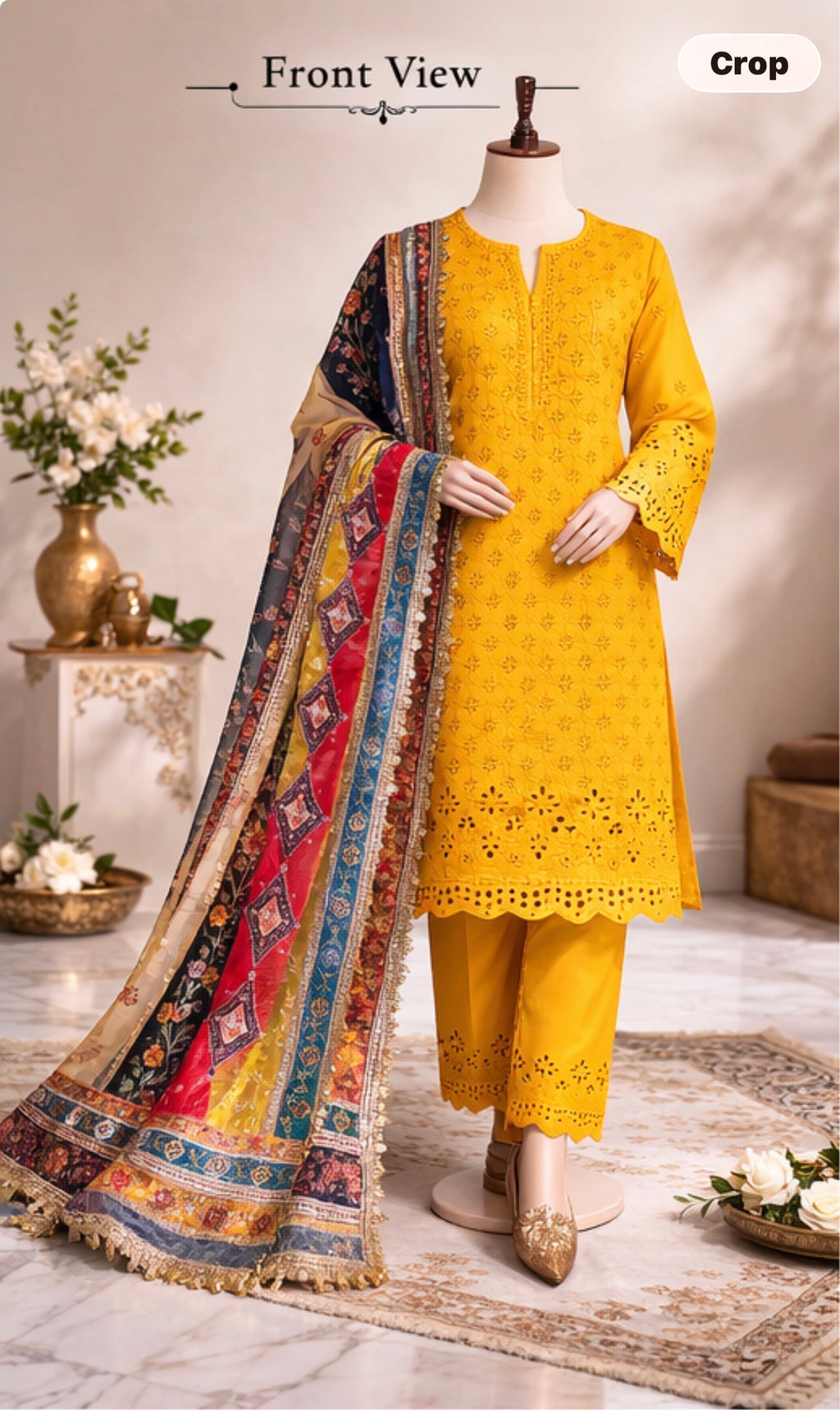 Sunshine Yellow Embroidered chiken Kari Salwar Kameez
