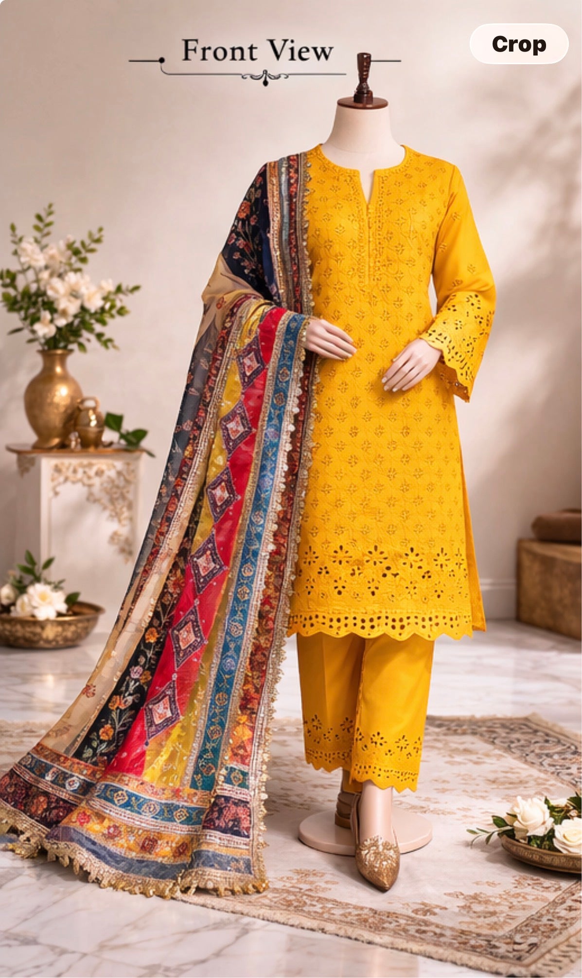 Sunshine Yellow Embroidered chiken Kari Salwar Kameez