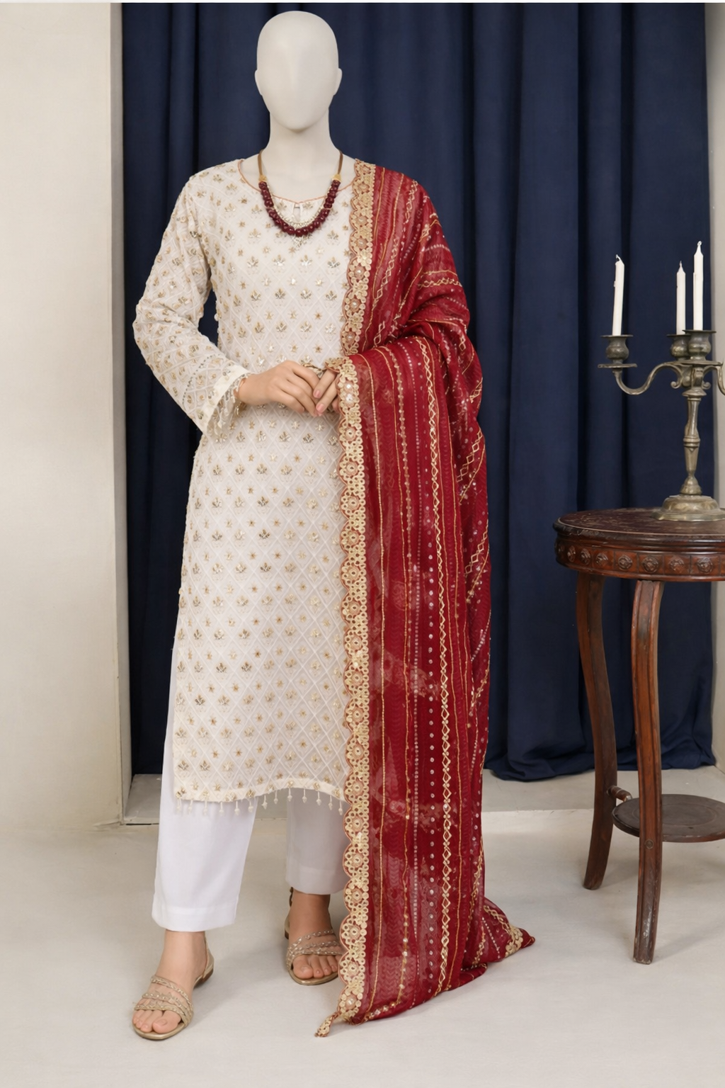 Elegant Ivory Embroidered Foil work Salwar Kameez Set