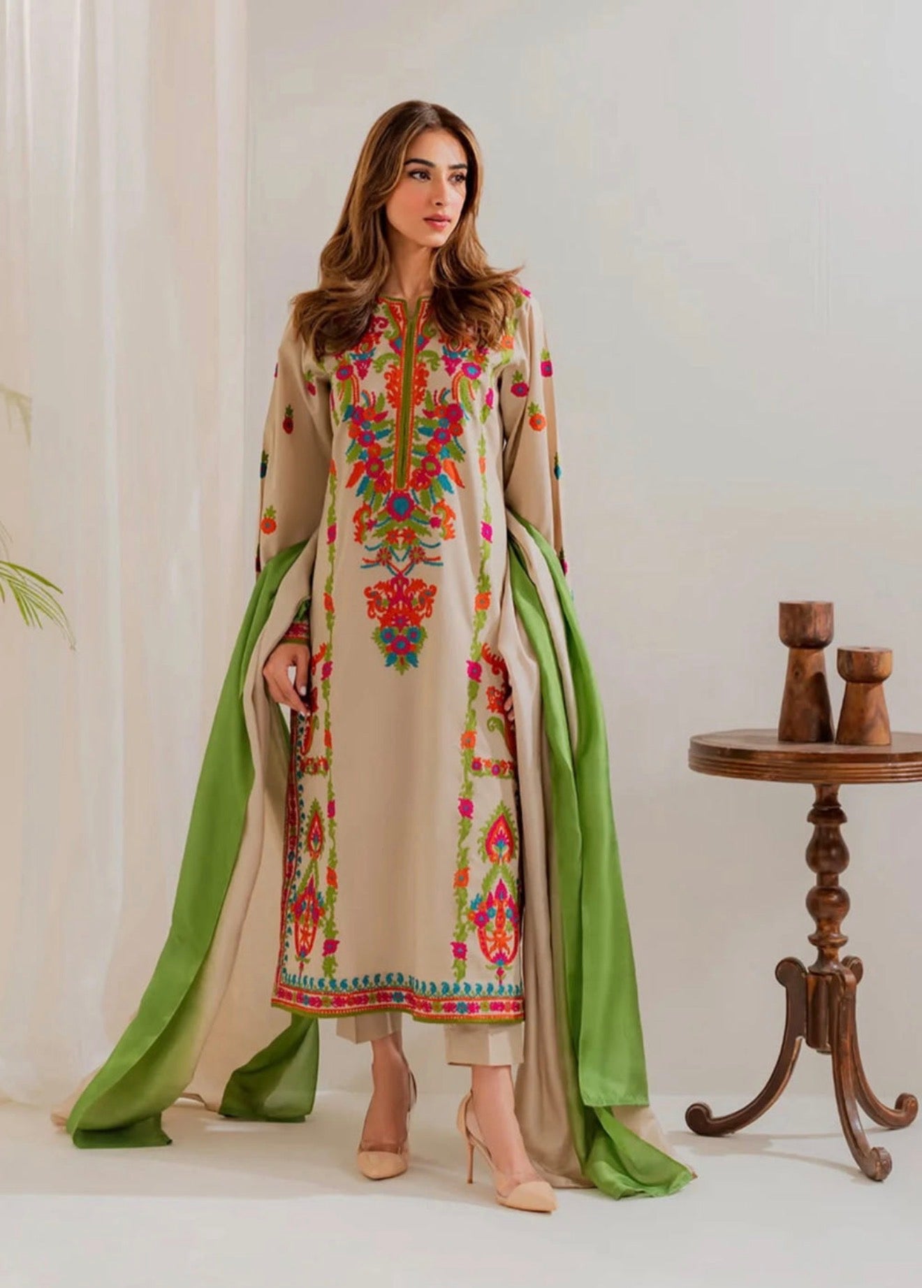 Elegant Beige Embroidered Salwar Kameez with Green Dupatta ✨
