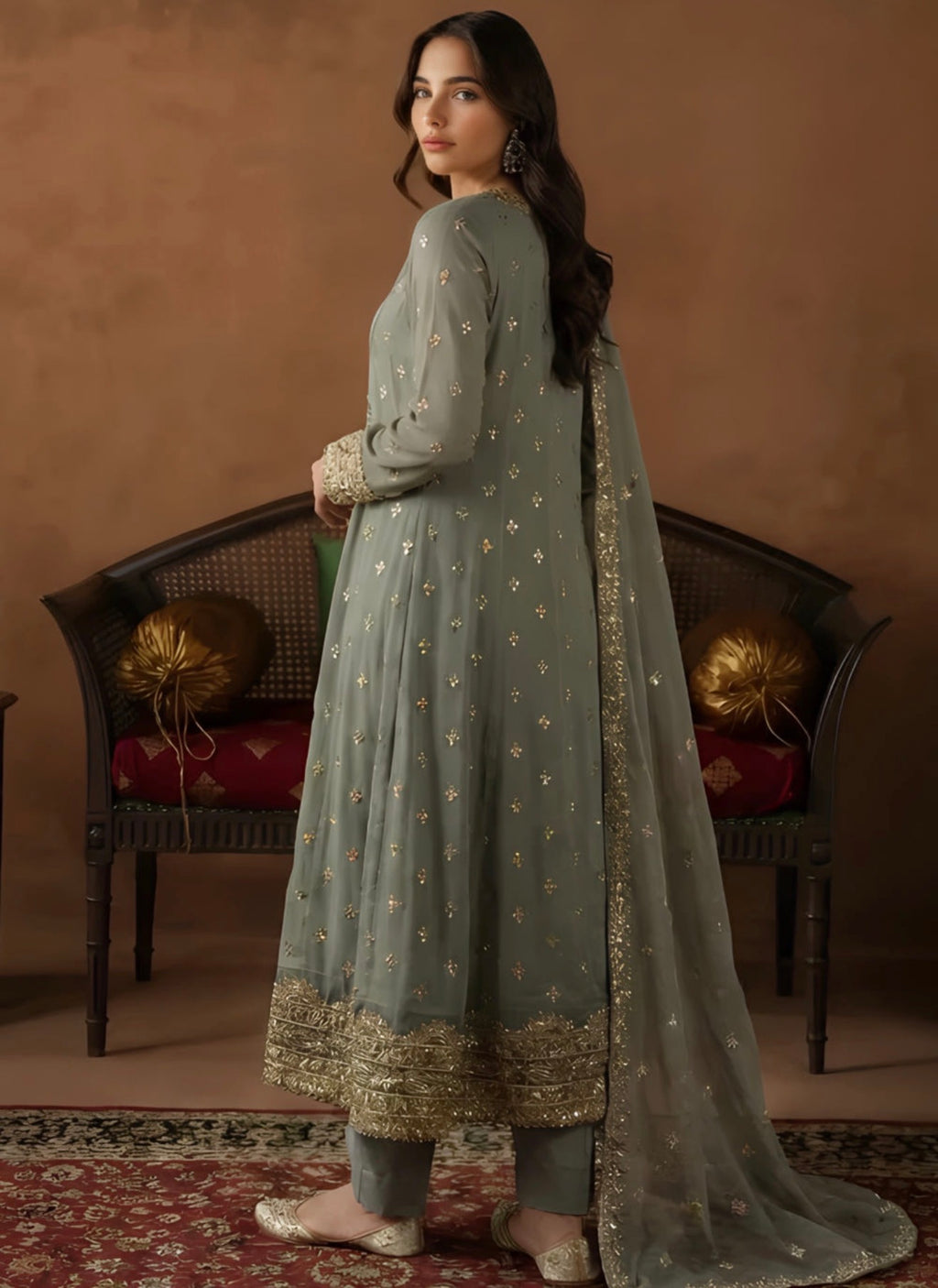 Elegant Sage Green Embroidered Salwar Kameez 3 Piece Set