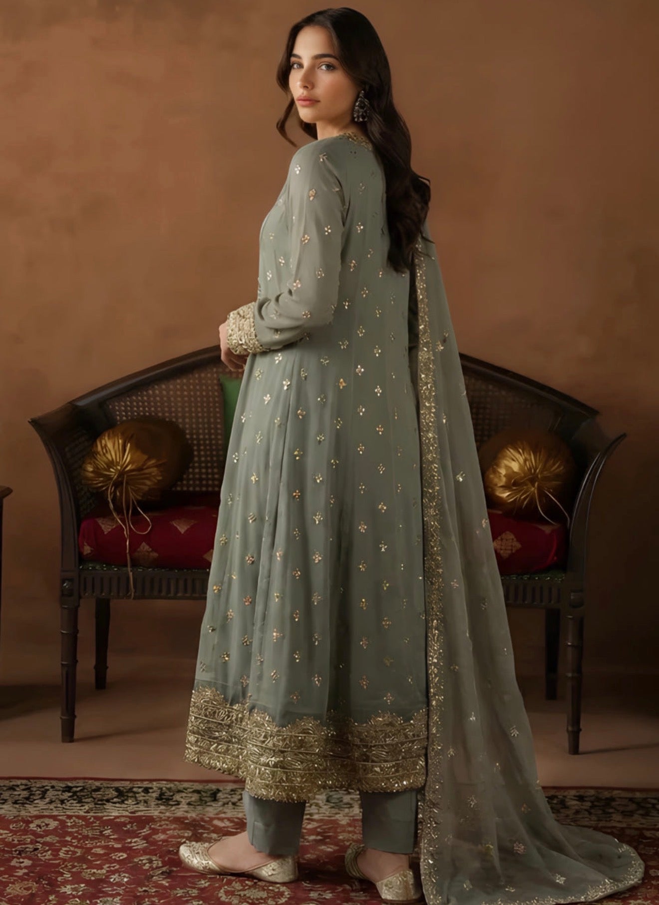 Elegant Sage Green Embroidered Salwar Kameez 3 Piece Set