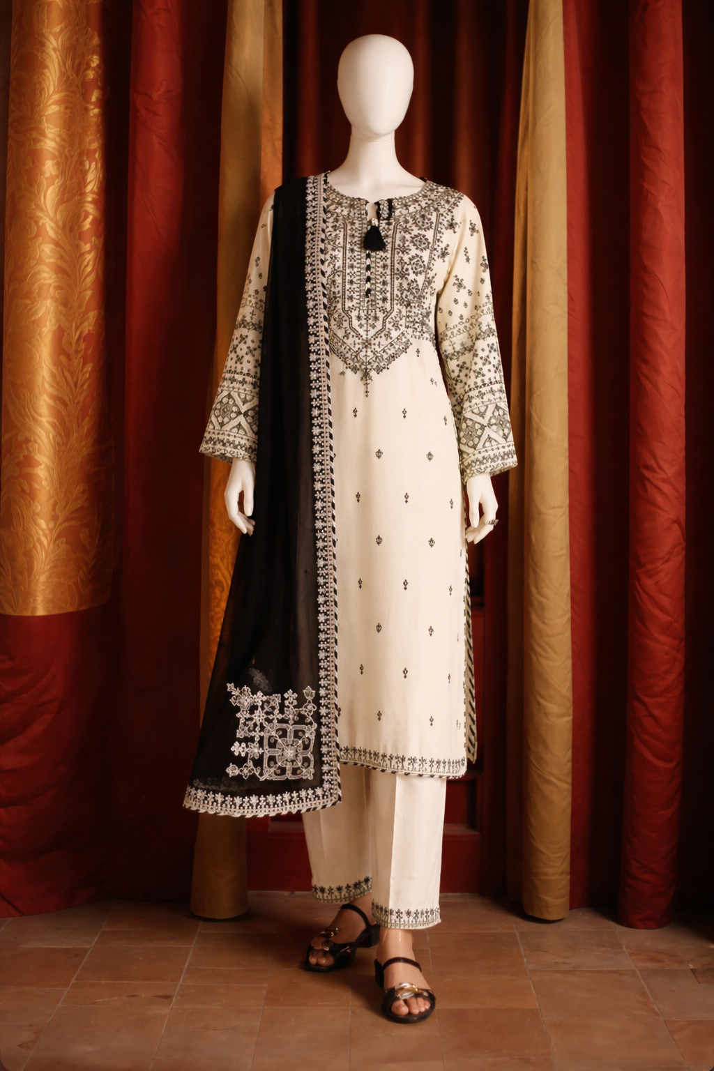 Elegant Black & Cream Embroidered Salwar Kameez Set