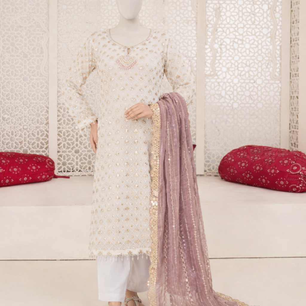 Elegant Ivory Embroidered Foil work Salwar Kameez Set