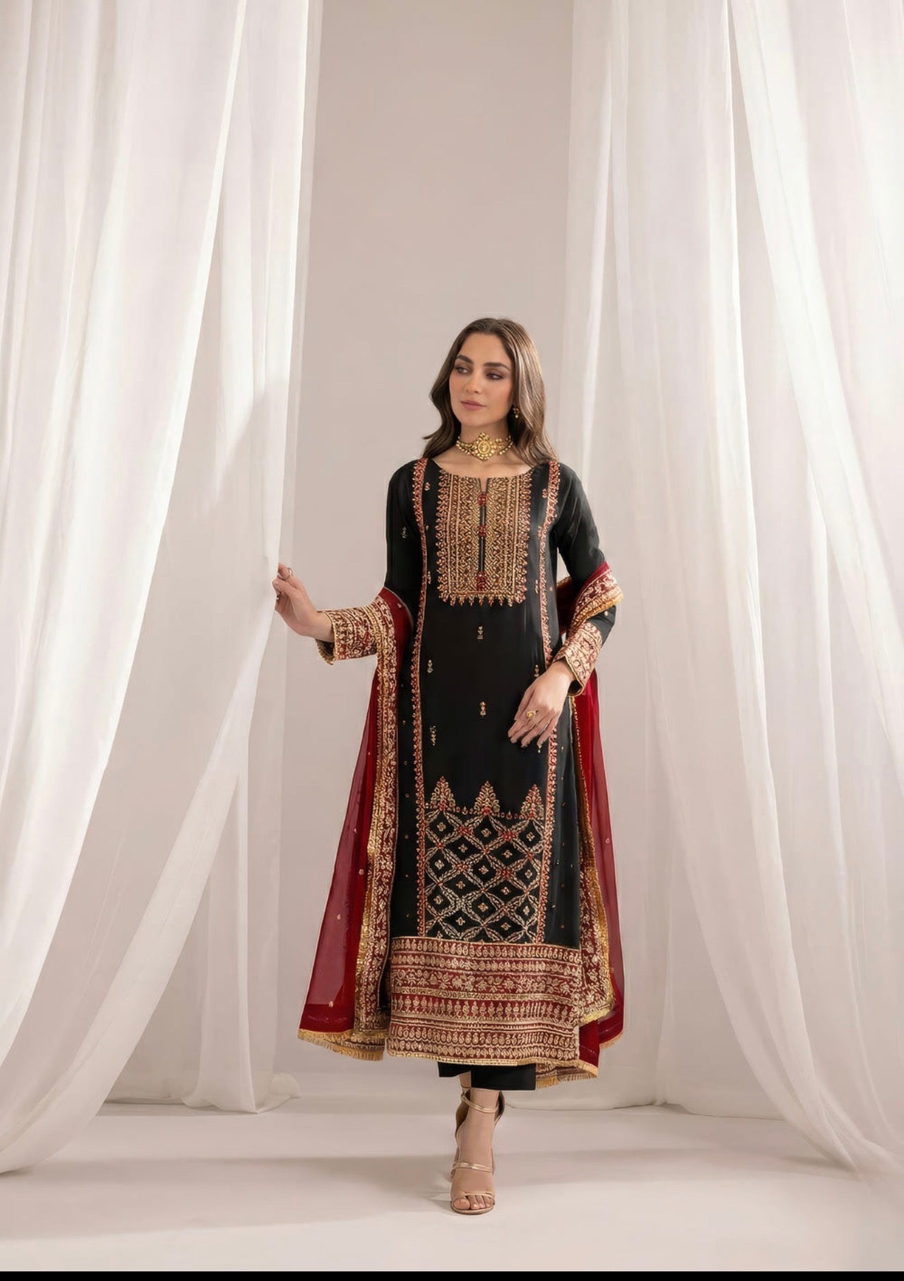 Black chiffon embroidered work 3 pc set