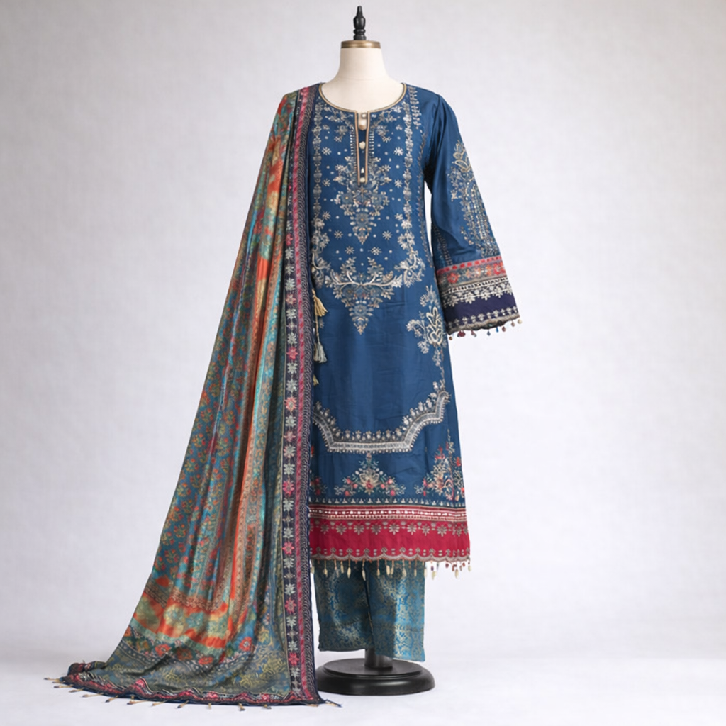 Pakistani Teal Blue Embroidered 3-Piece Salwar Suit Set