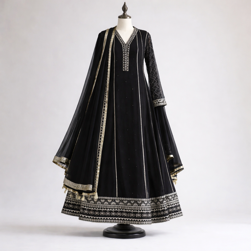 Pakistani Long Sleeve Midnight Black Embroidered Anarkali 3-Piece