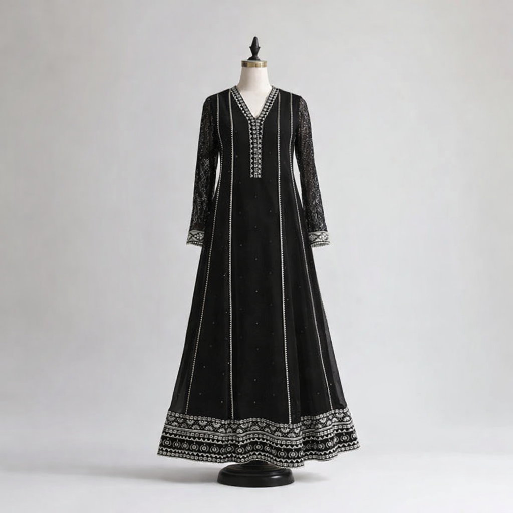 Pakistani Long Sleeve Midnight Black Embroidered Anarkali 3-Piece