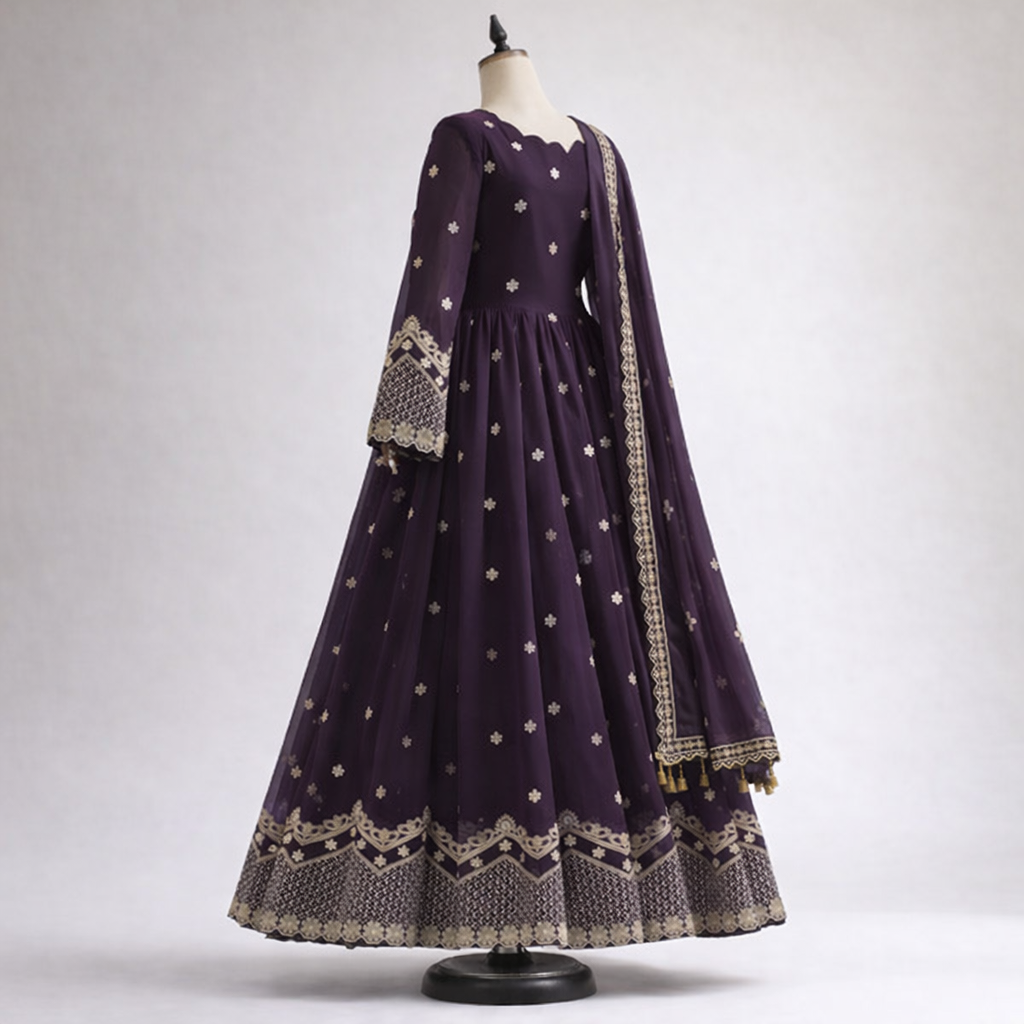 Pakistani Deep Plum Gold Embroidered 3-Piece Anarkali Set