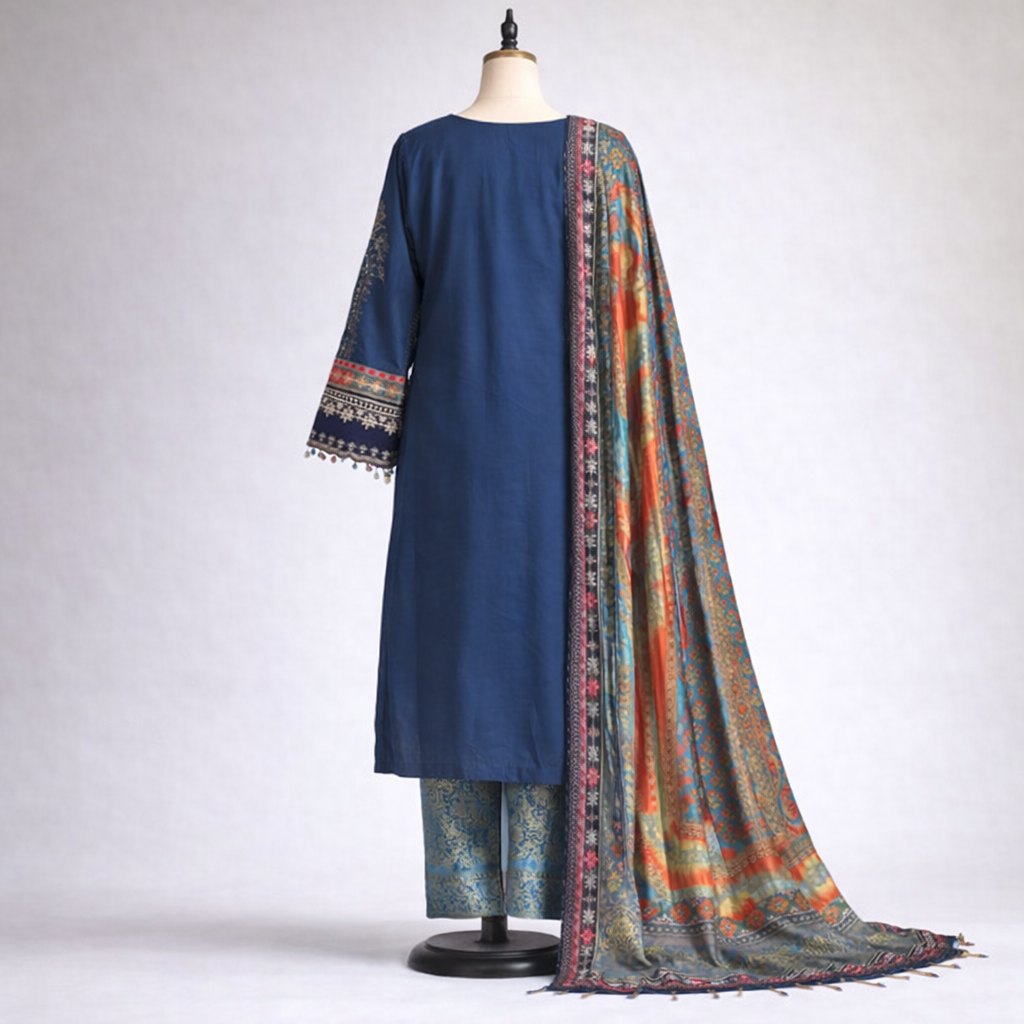 Pakistani Teal Blue Embroidered 3-Piece Salwar Suit Set