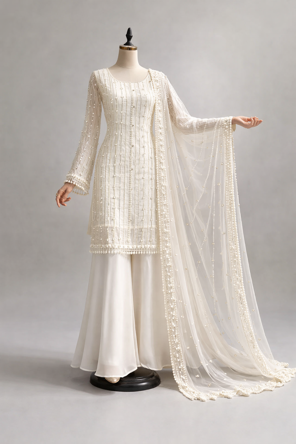 Pakistani Ivory Pearl Embellished 3-Piece Sharara Set