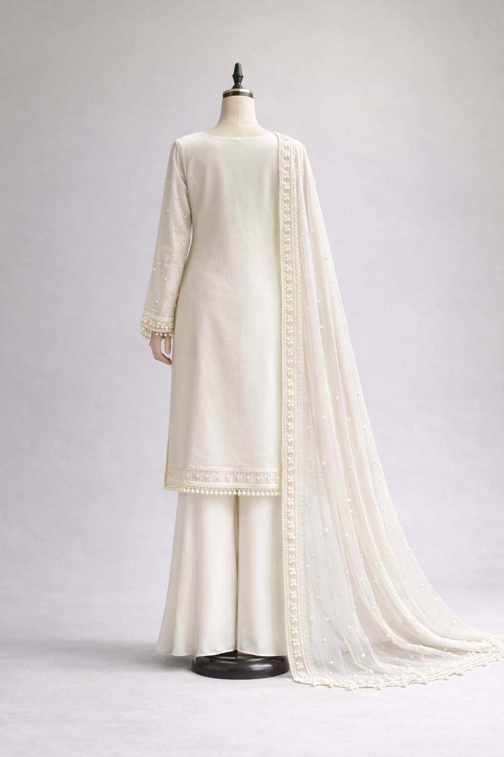 Pakistani Ivory Pearl Embellished 3-Piece Sharara Set