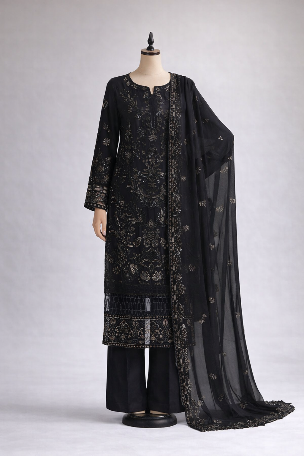 Midnight Pakistani Black Gold Embroidered 3-Piece Suit Set