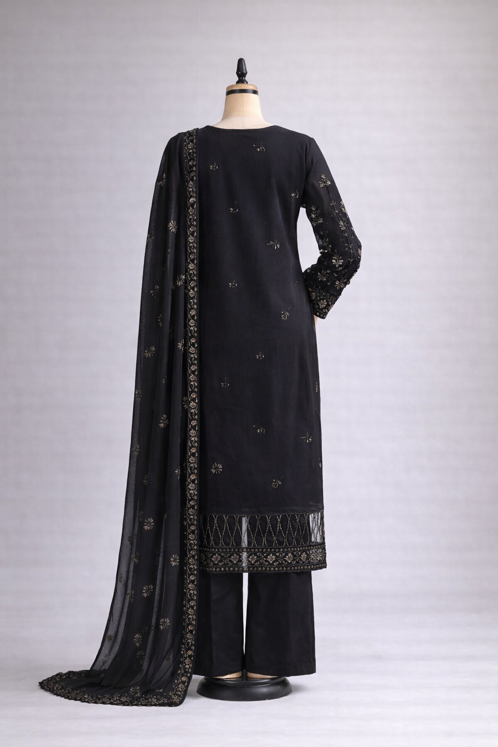 Midnight Pakistani Black Gold Embroidered 3-Piece Suit Set