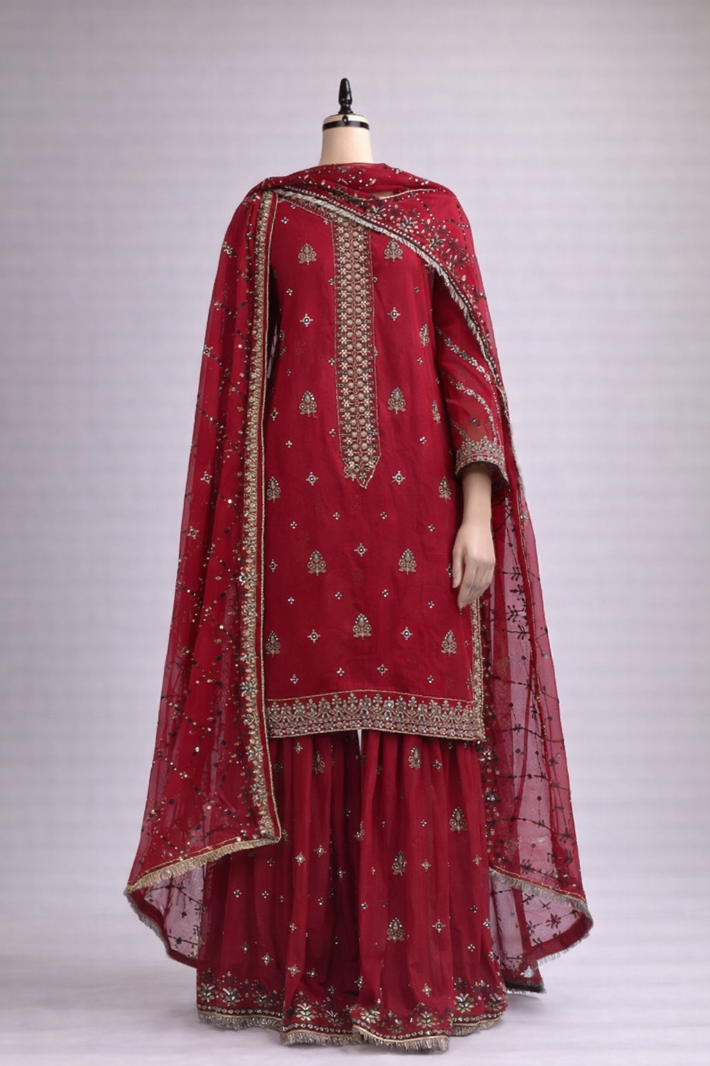 Pakistani Ruby Red Gold Embroidered 3-Piece Sharara Set
