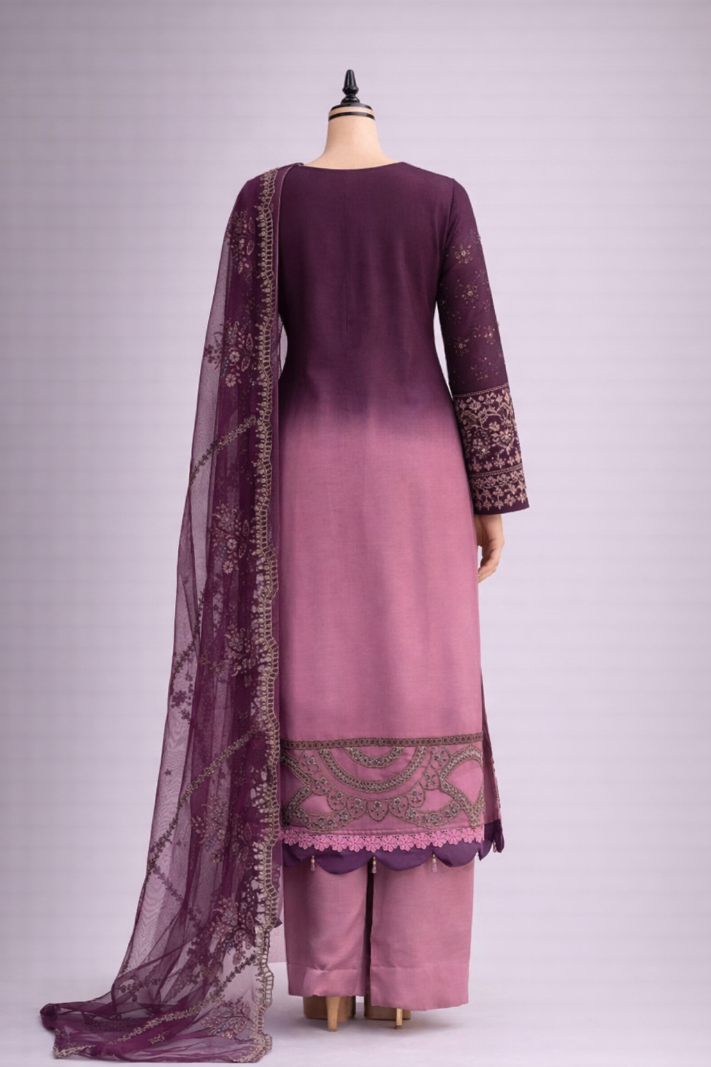 Plum to Blush Ombre Embroidered Pakistani 3-Piece Suit Set