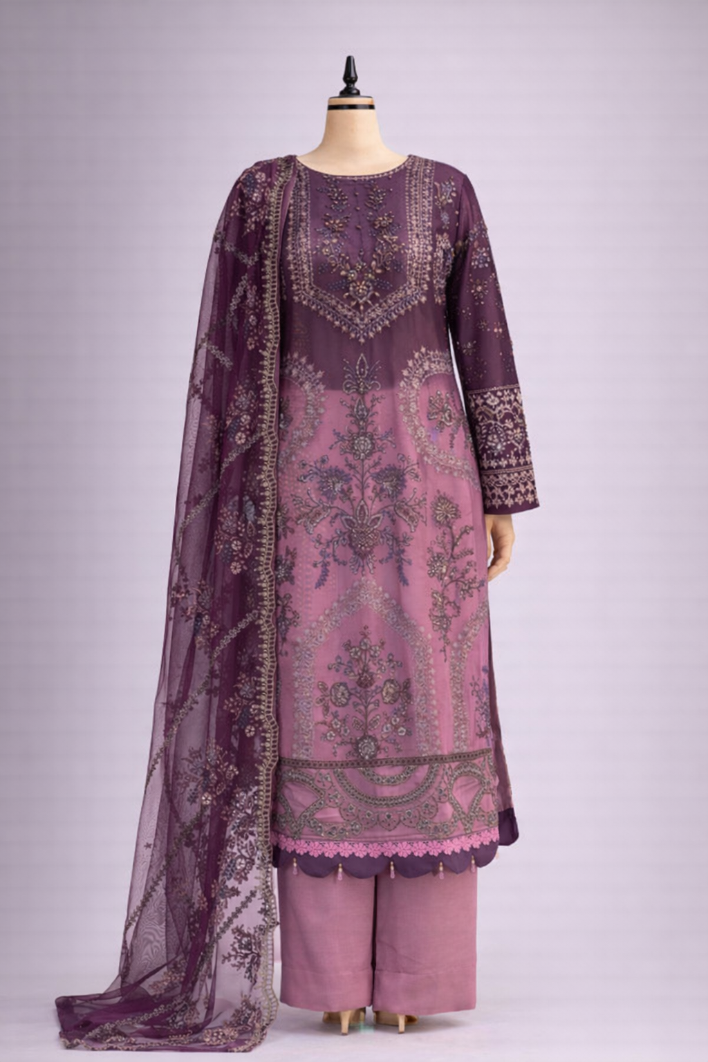 Plum to Blush Ombre Embroidered Pakistani 3-Piece Suit Set