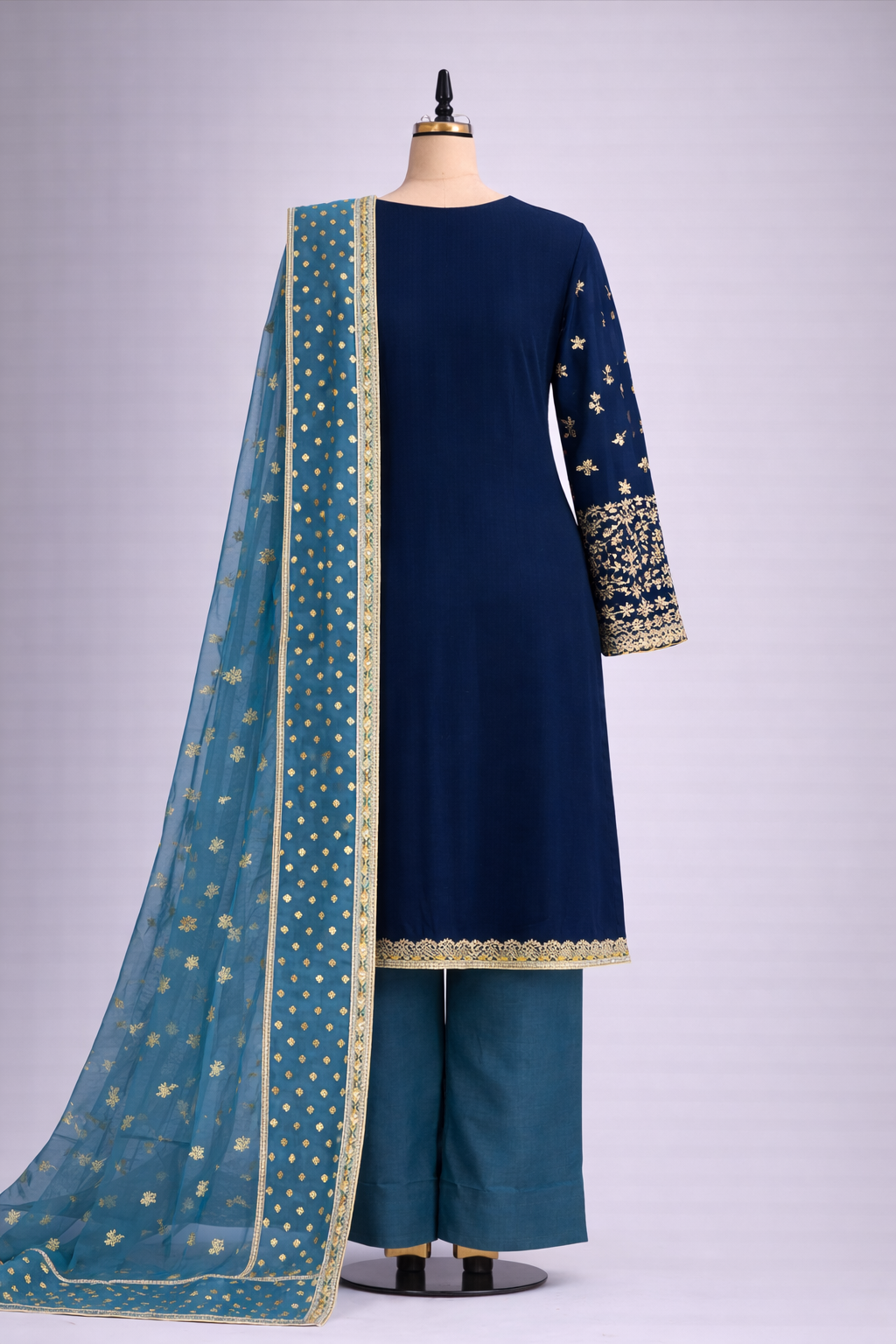 Pakistani Royal Teal & Navy Gold Embroidered Velvet 3-Piece Suit Set