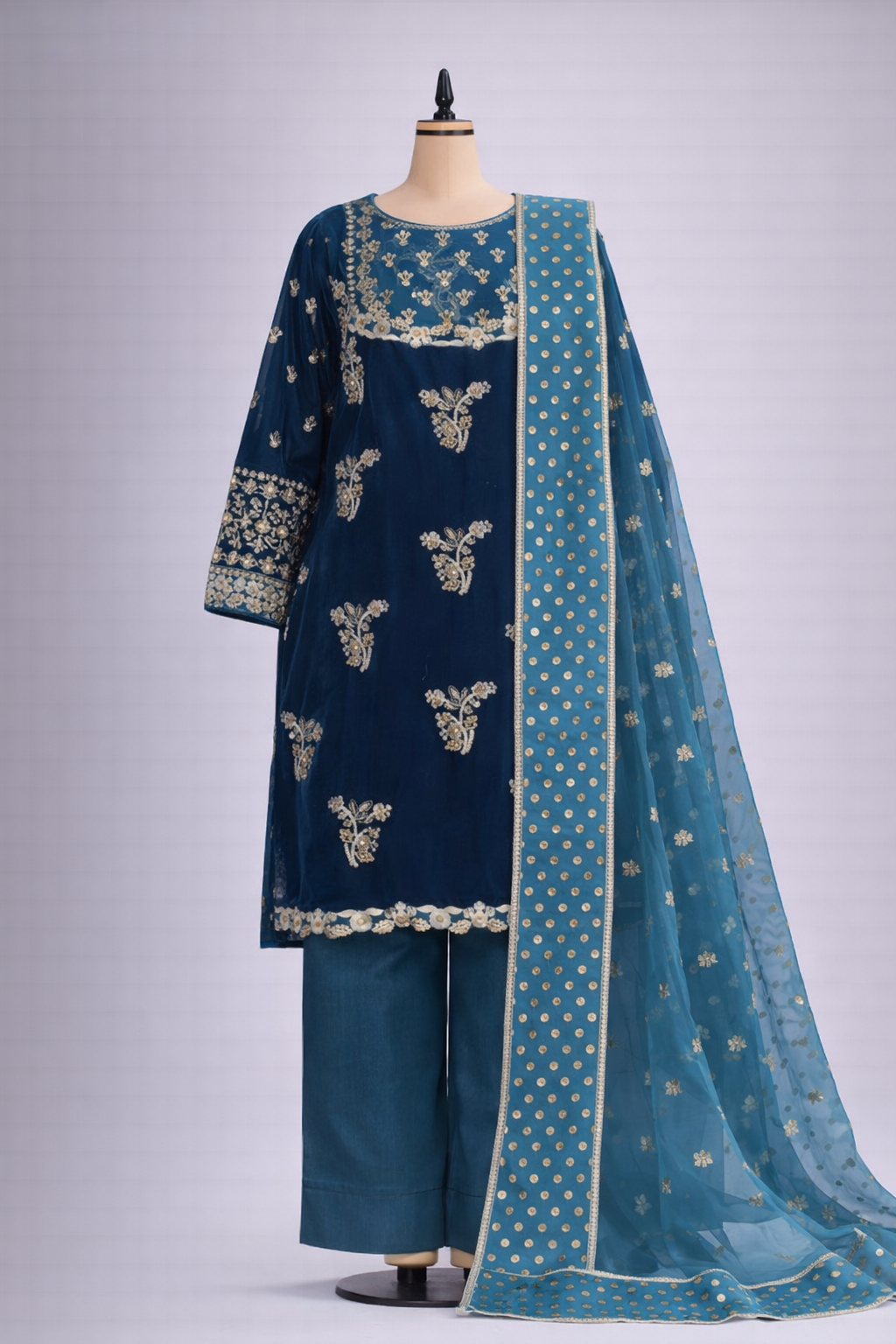 Pakistani Royal Teal & Navy Gold Embroidered Velvet 3-Piece Suit Set