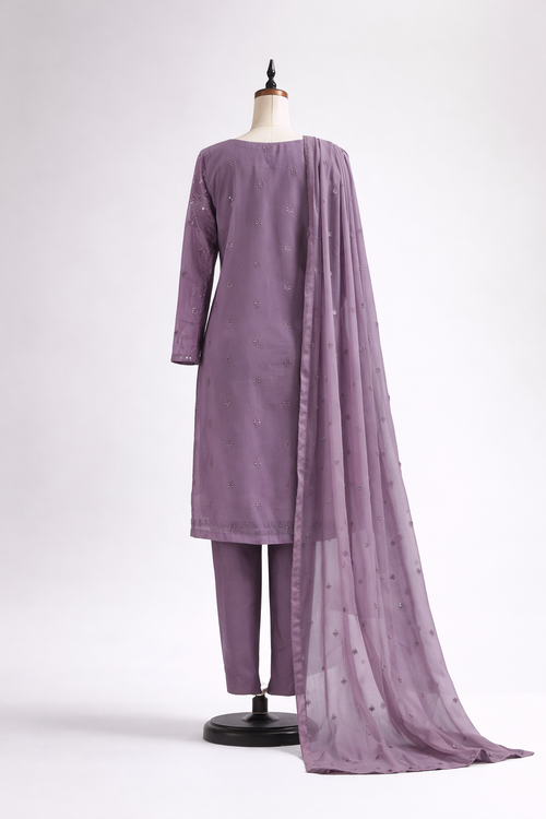 Dusty Lavender Chiffon Embroidered Three-Piece Suit