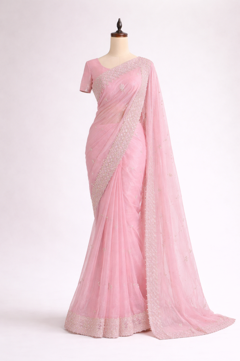 Blush Pink Embroidered Organza Net Saree With Unstitched Blouse Piece