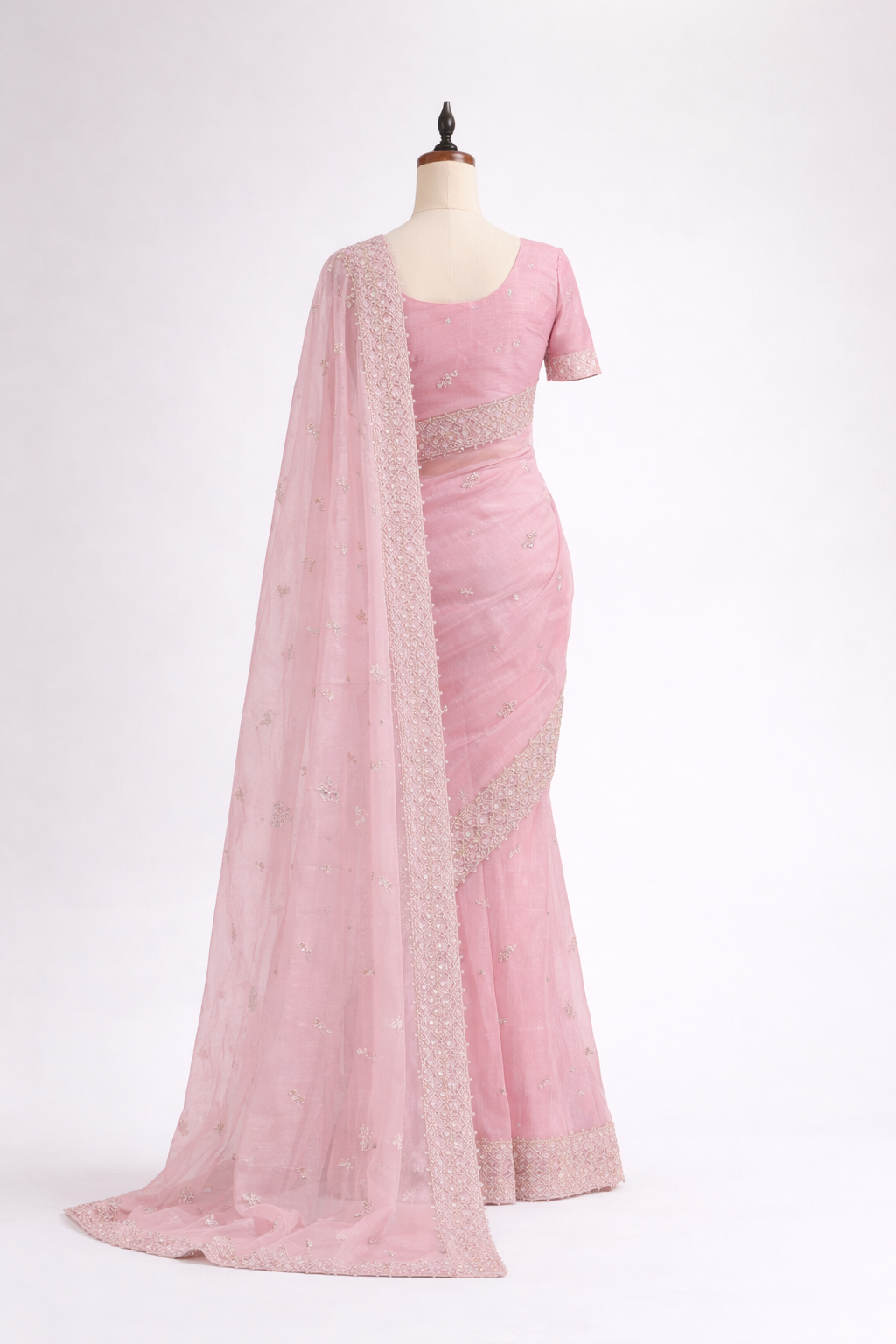 Blush Pink Embroidered Organza Net Saree With Unstitched Blouse Piece