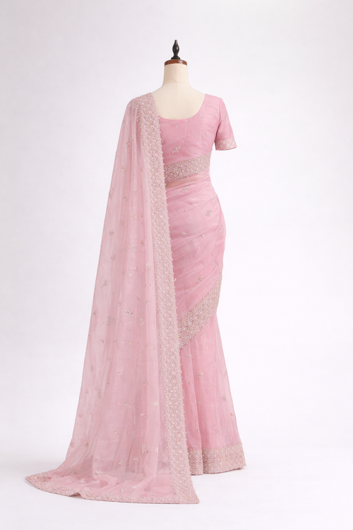 Blush Pink Embroidered Organza Net Saree With Unstitched Blouse Piece