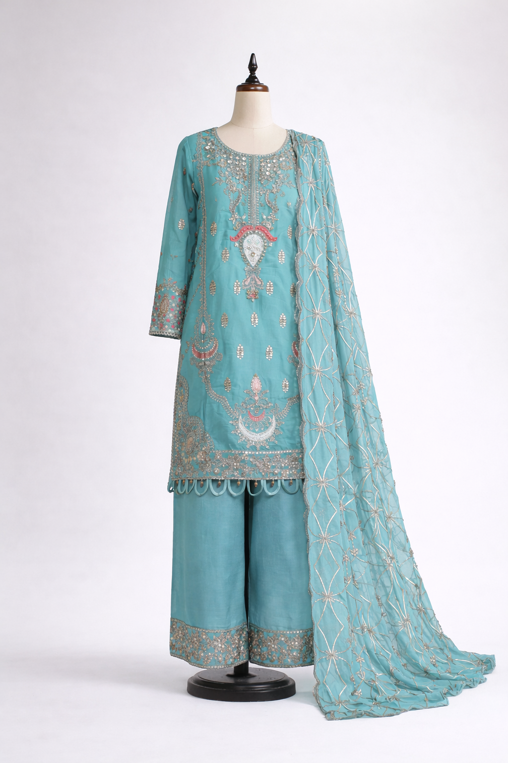 Aqua Embroidered Festive Three-Piece Set