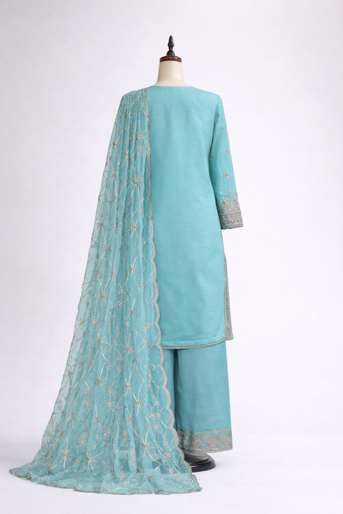 Aqua Embroidered Festive Three-Piece Set