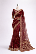 Royal Crimson Velvet Embroidered Saree