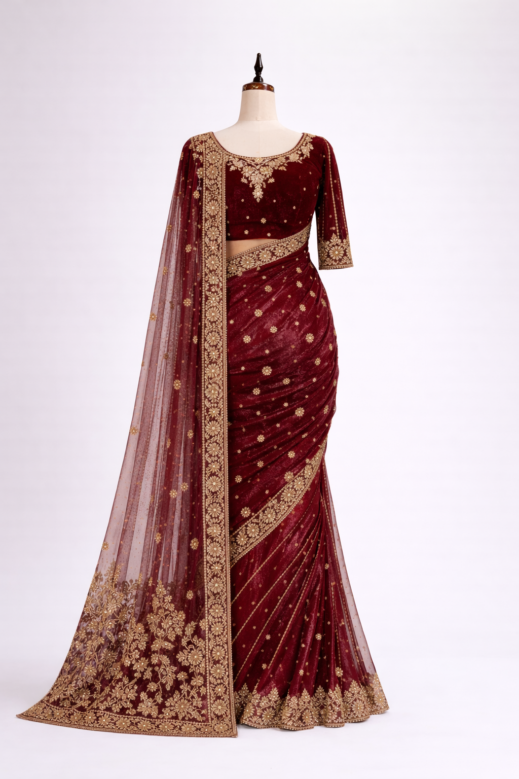 Royal Crimson Velvet Embroidered Saree
