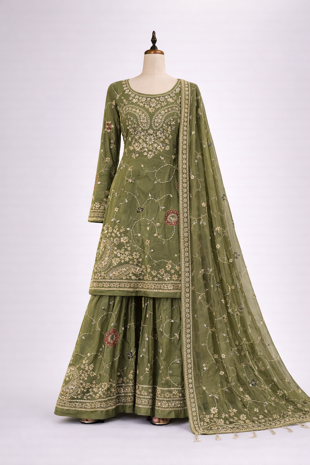 Olive Embroidered Three-Piece Set